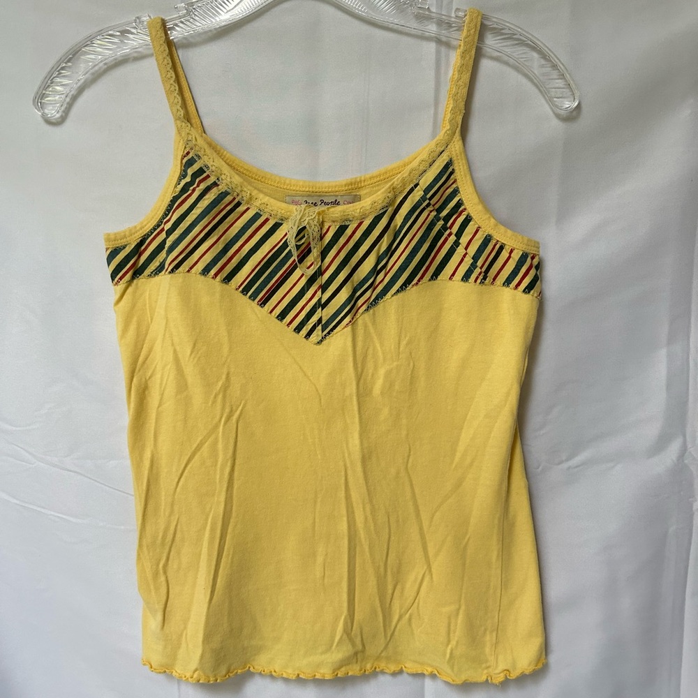 Free People yellow tank with striped neck design lace straps and front bow XS